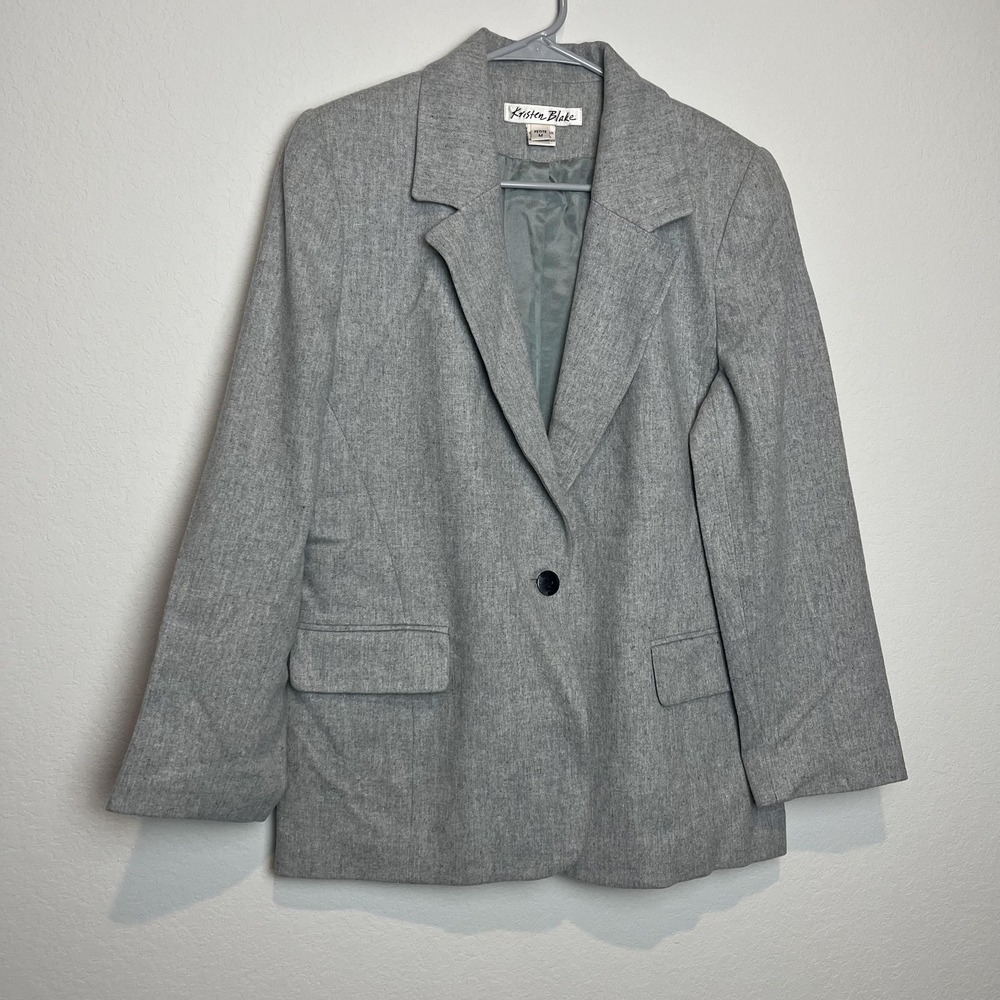 Kristen Blake Blazer Womens Petite M Gray Merino Wool One Button Lined Workwear